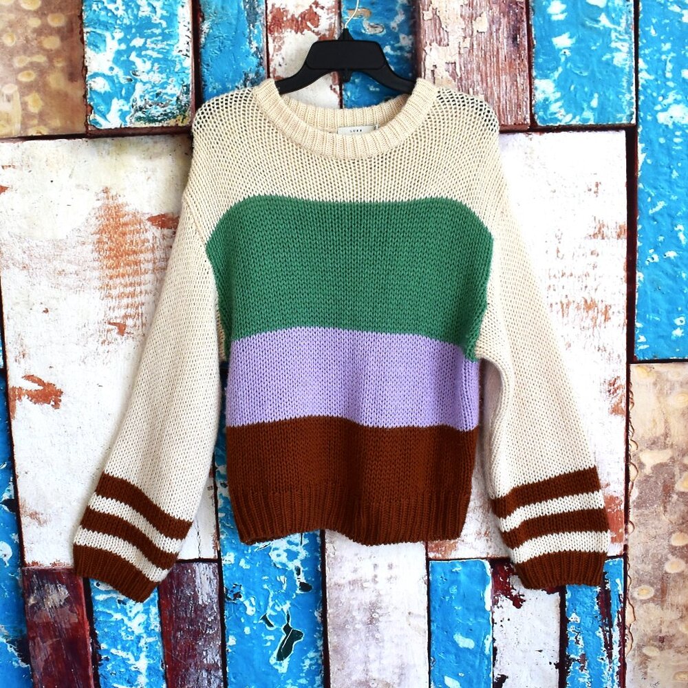 Women's Lush Color Block Oversized Sweater Crochet SMALL Multicolor